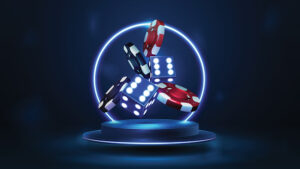 Blue podium floating in the air with blue neon ring, 3D dice wit